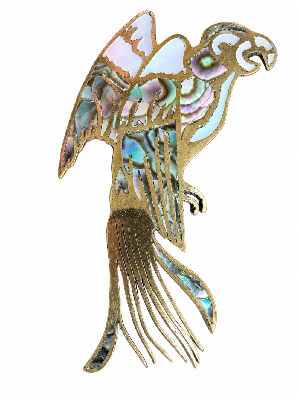 Vintage Parrot Brooch in Iridescent Inlaid Abalone and Brass Made in Mexico